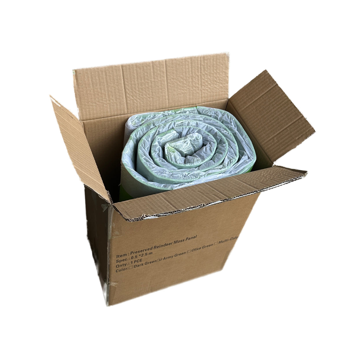 Preserved reindeer moss panel packed in a cardboard shipping box