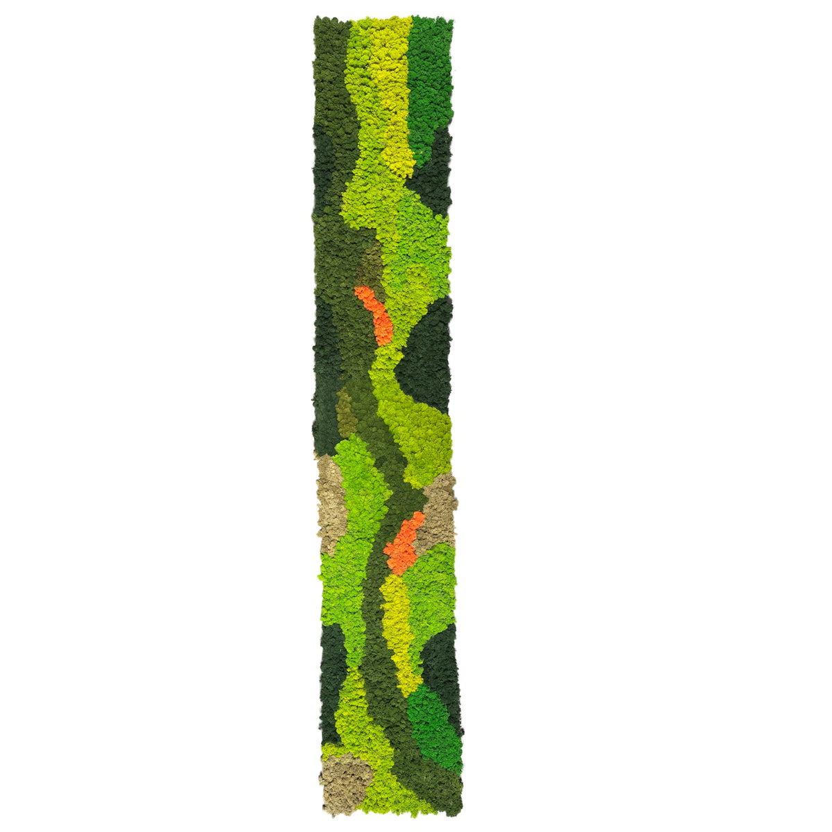 Preserved reindeer moss panel, tall vertical design with lime green stripes and orange patches.