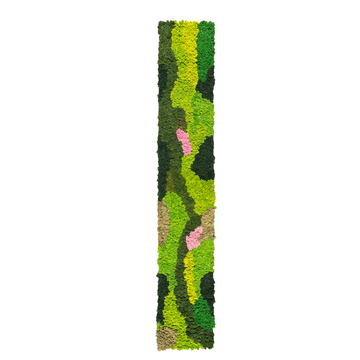 Self-adhesive preserved moss panel, narrow vertical design in green with yellow strip and pink spots