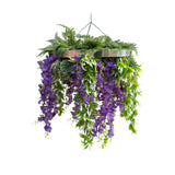 Hanging hoop with a mixture of artificial green plants with purple trailing flowers 60cm diameter