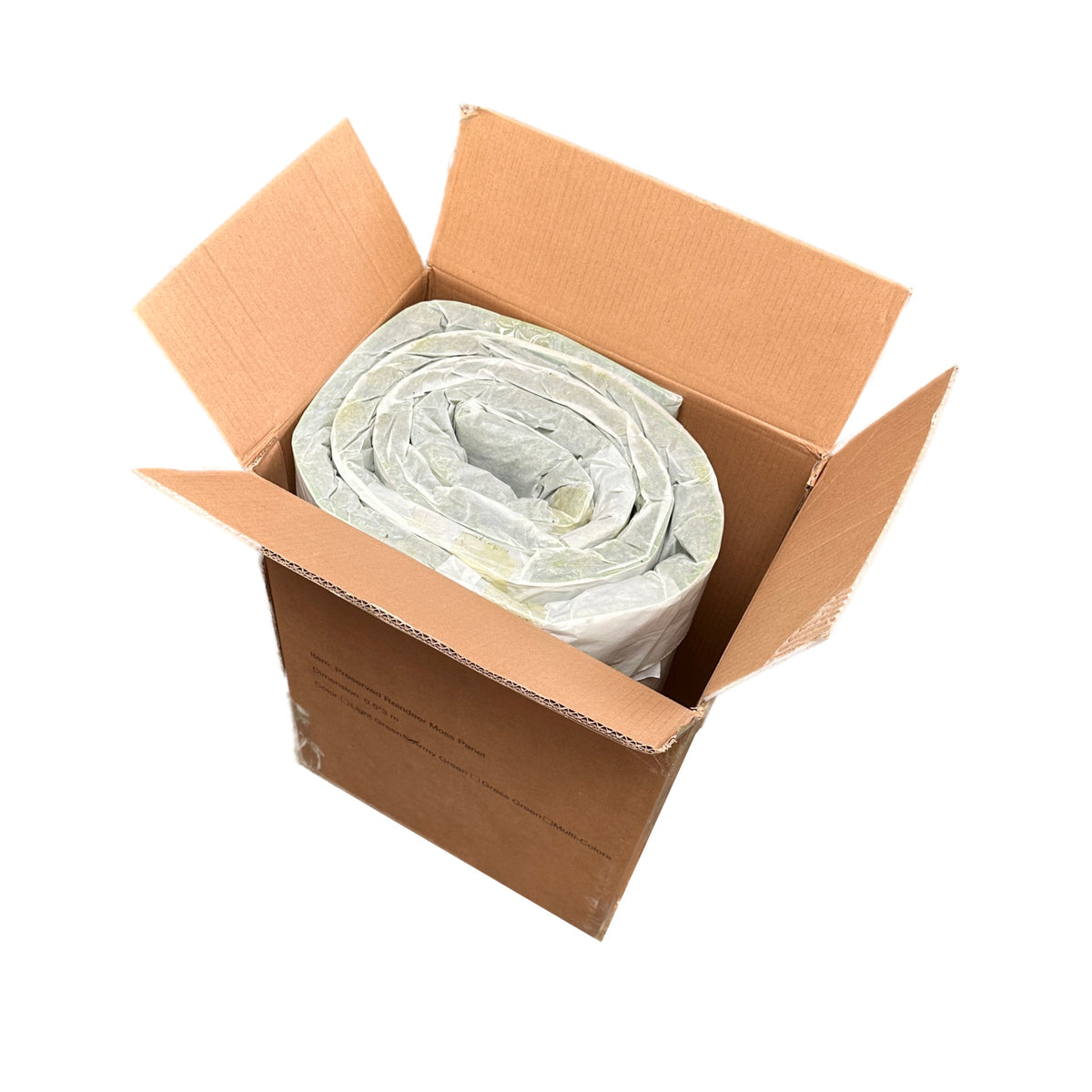 Preserved reindeer moss roll in green, packed in a cardboard shipping box