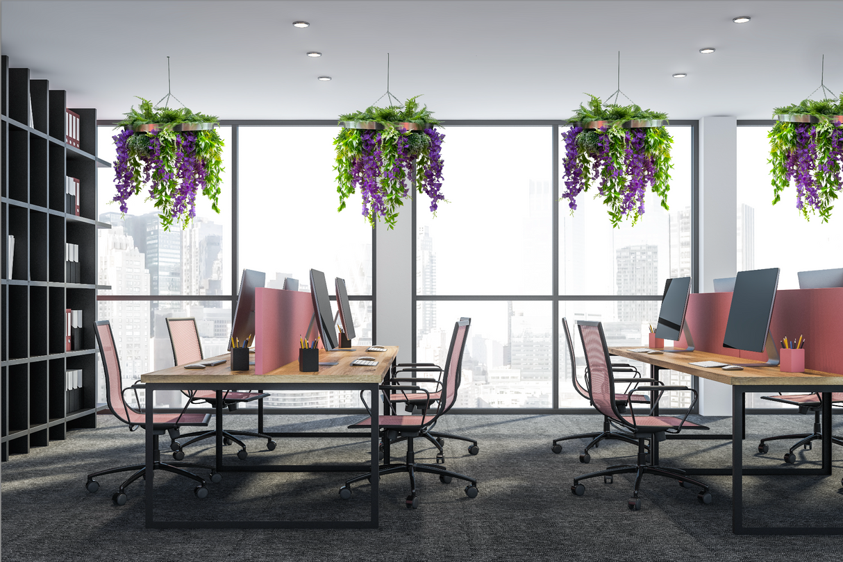 Hanging hoop with a mixture of artificial green plants with purple trailing flowers 60cm diameter