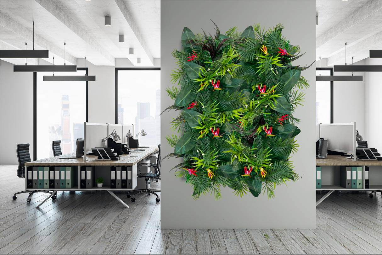 JUNGLE WALL Artificial green jungle wall mixed plant panel with ferns and grasses  and birds of paradise 100x100 cm