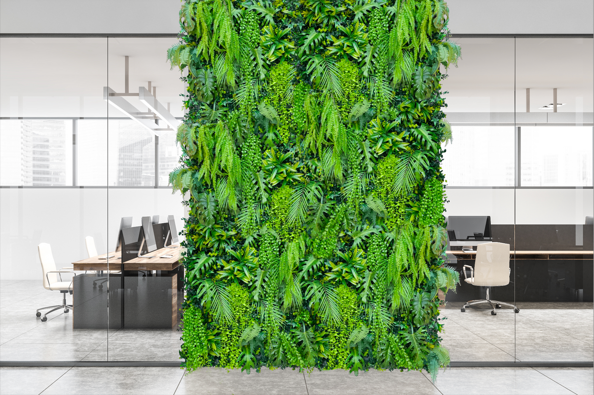 JUNGLE WALL Artificial green jungle wall mixed plant panel with ferns and grasses 100x100 cm
