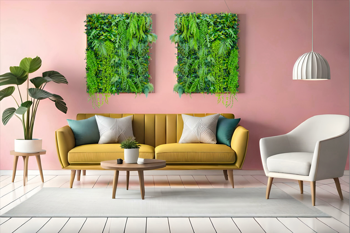 Green jungle tropical artificial 3D plant wall with lush green tropical foliage and trailing plants 100x100cm for ceiling or walls