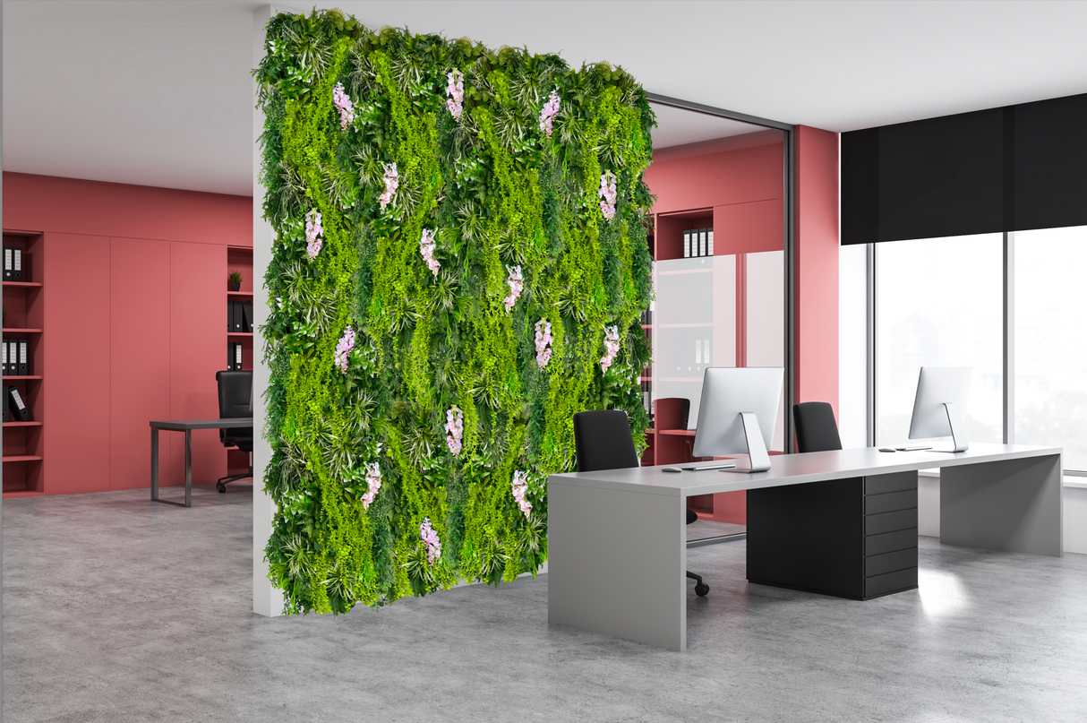 Artificial 3D hanging raft with lush green foliage and trailing pink wisteria 100x50cm ceiling or wall