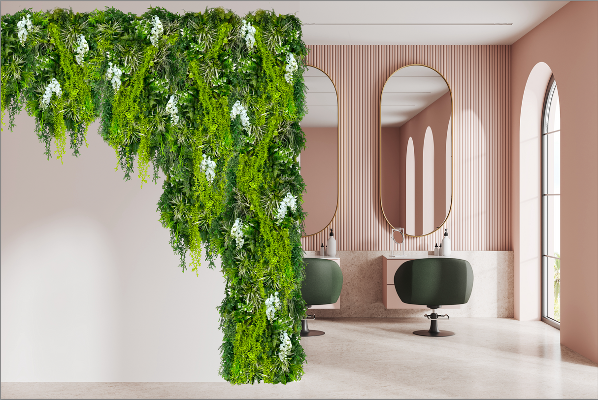 Artificial 3D hanging raft with lush green foliage and trailing white wisteria 100x50cm ceiling or wall
