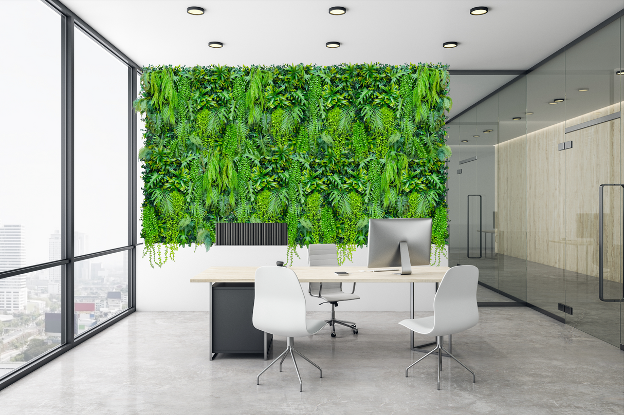 Green jungle tropical artificial 3D plant wall with lush green tropical foliage and trailing plants 100x100cm for ceiling or walls