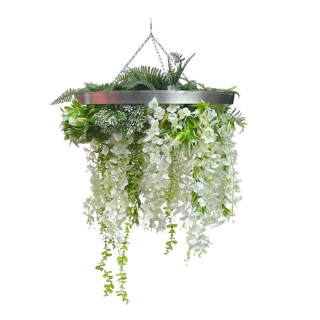 Hanging hoop with a mixture of artificial green plants with white trailing flowers 60cm diameter