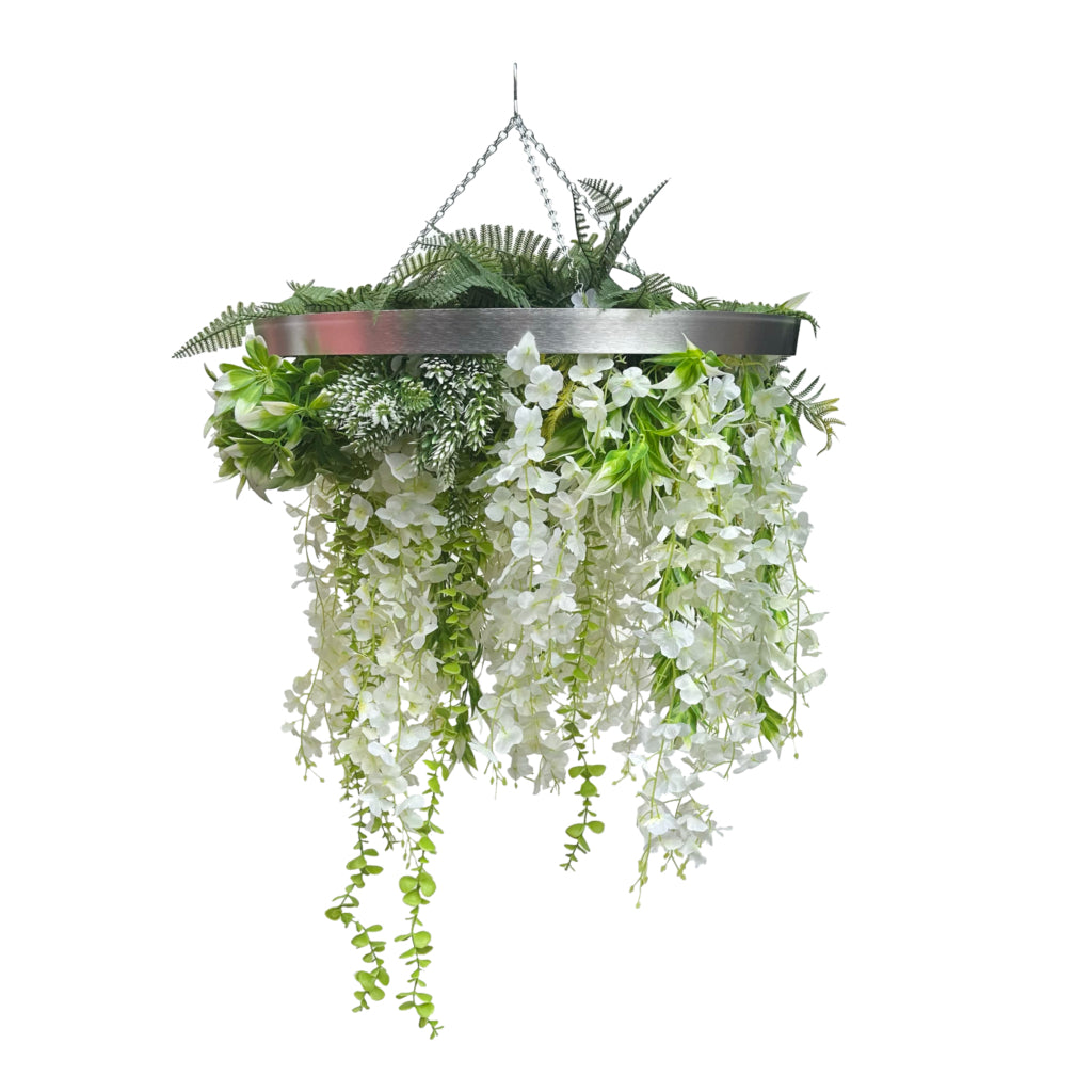 Hanging hoop with a mixture of artificial green plants with white trailing flowers 60cm diameter