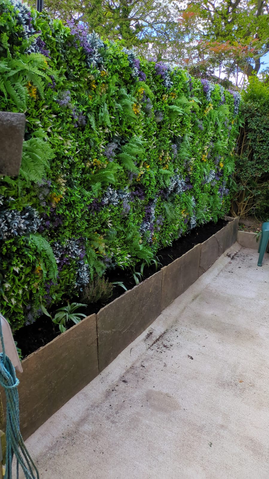 Artificial green wall 1m2 panel with mixed green, white and purple plants