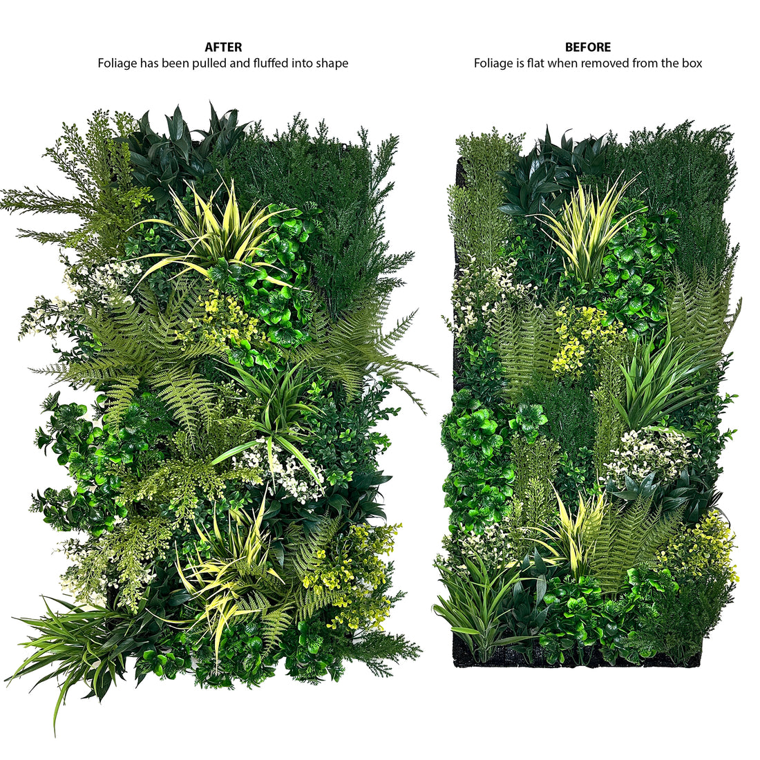 Artificial green foliage panel, after fluffed into rounded shape with mixed greenery