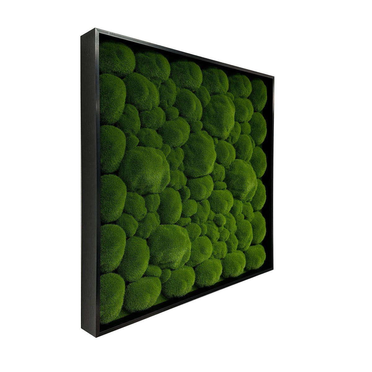 Artificial moss wall panel in black aluminium frame, green plush pads in a square panel