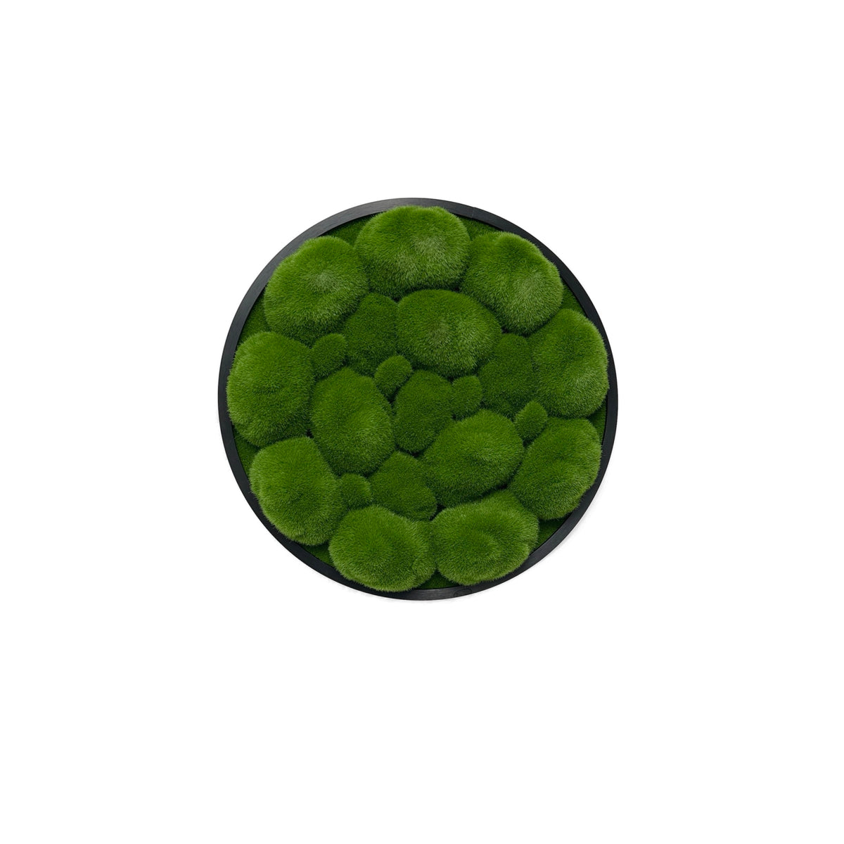 Circular artificial moss wall panel with dense green faux moss on black rim