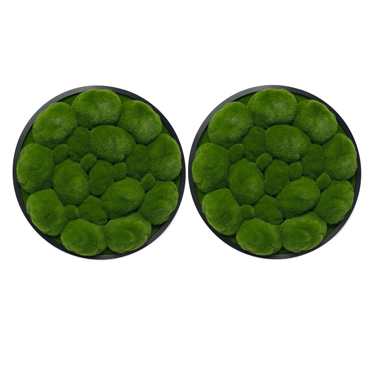 Artificial moss wall art panel, circular with black rim and dense green bun moss