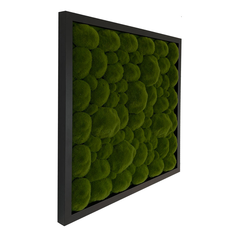 Square artificial moss wall panel in black frame with green pom-pom texture