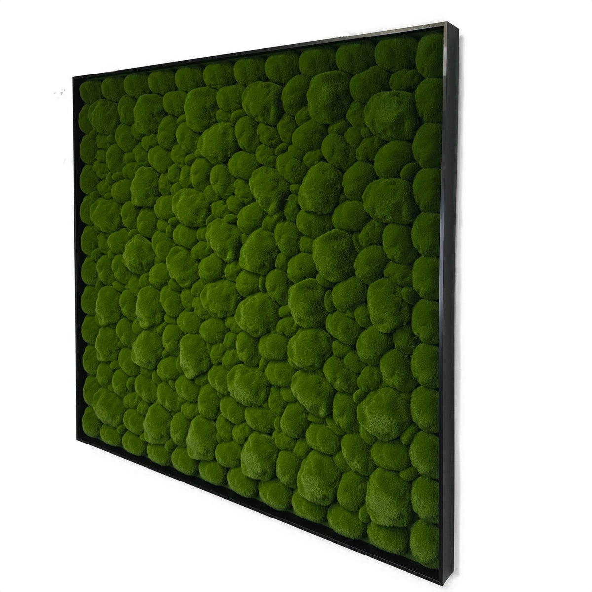Artificial moss wall panel square with dense green moss bumps and black border frame