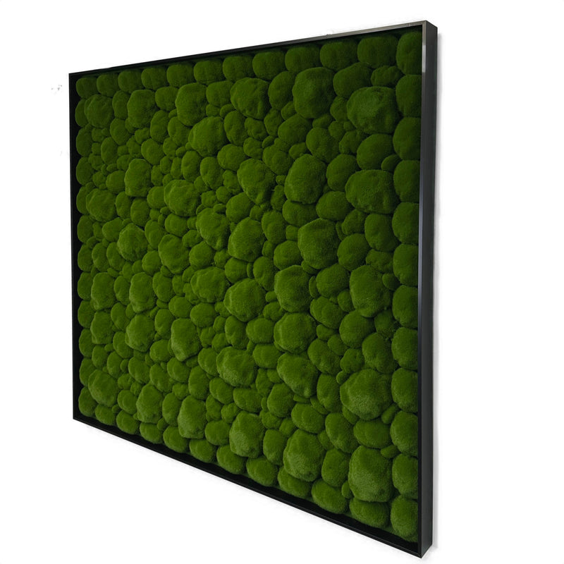 Artificial moss wall panel square with dense green moss bumps and black border frame