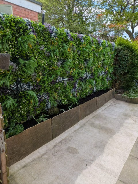 Artificial green wall 1m2 panel with mixed green, white and purple plants