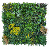 Artificial green wall panel with variegated mixed green, yellow, red foliage & white flowers 100x100 cm