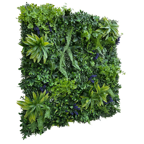 Artificial green wall panel with scheffleras, dracaenas and purple speedwells 100x100 cm side view