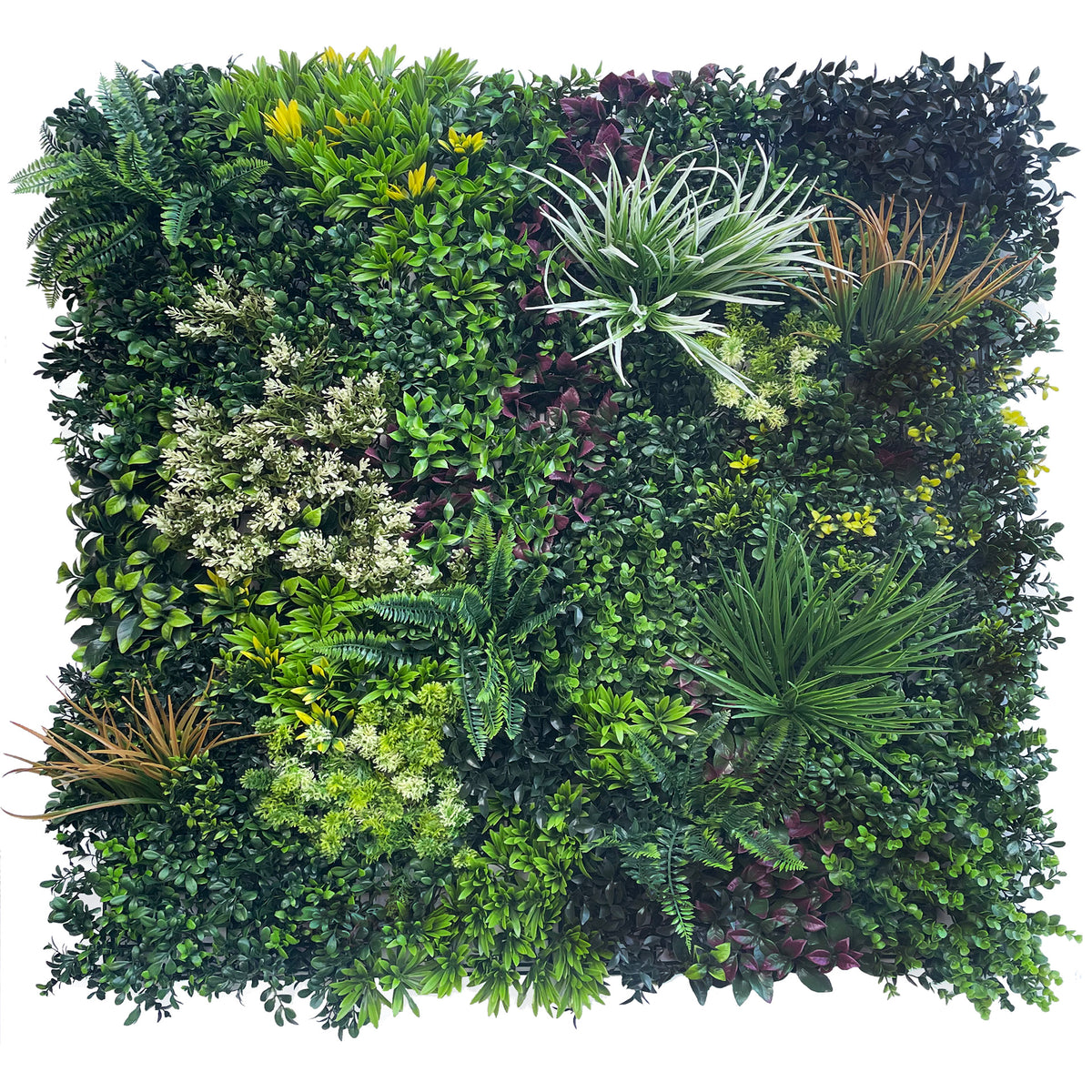 Artificial green foliage wall panel with dense shrubs, purple stems, and long spiky grasses