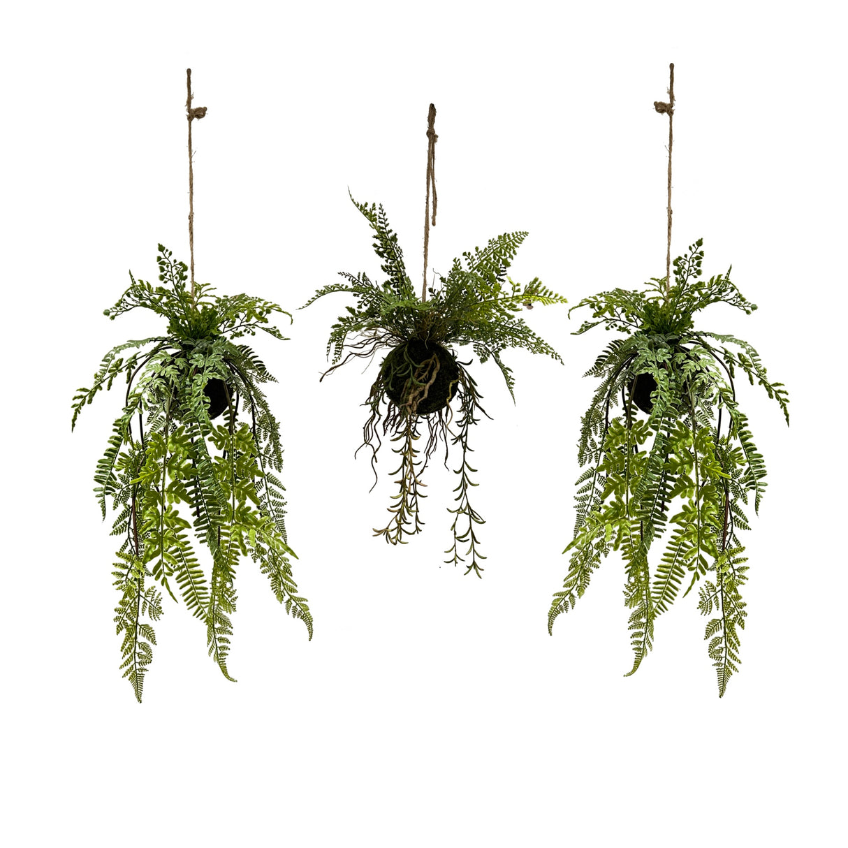 Set of 3 x artificial trailing fern kokedama