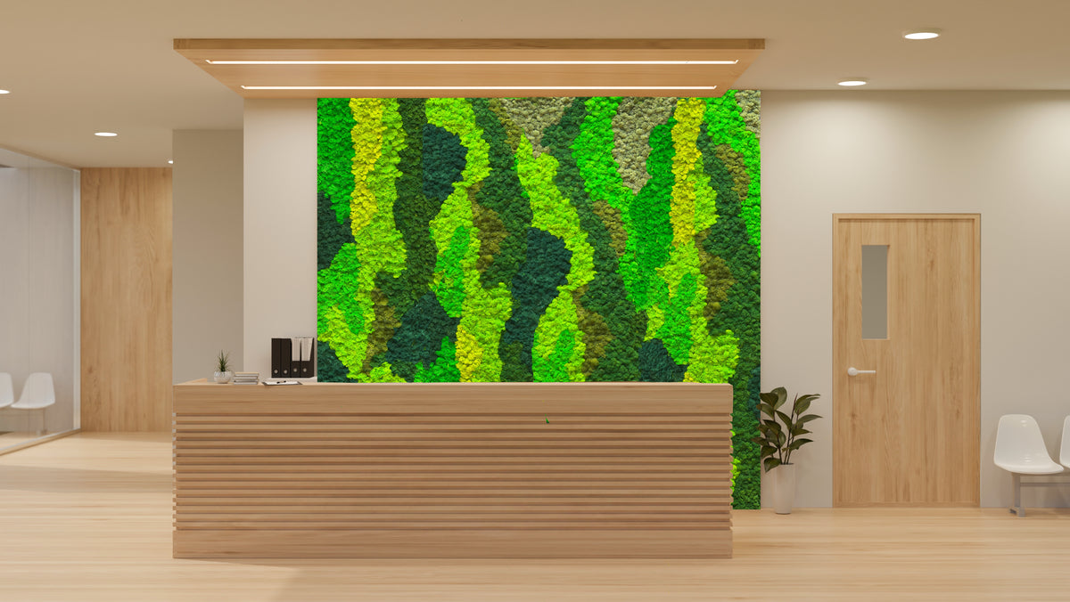 Forest green preserved reindeer moss wall feature panel with irregular wave pattern