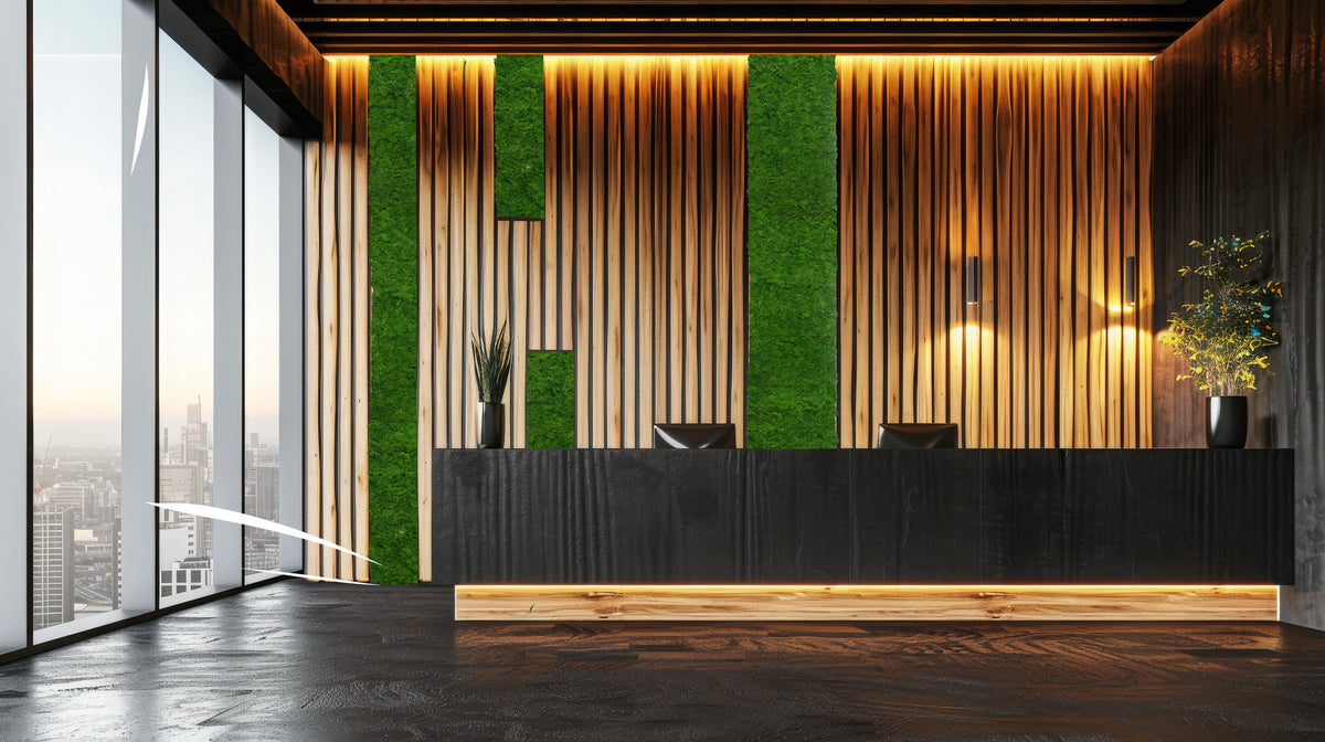Forest green reindeer moss wall feature panel against a vertical wood slat backdrop