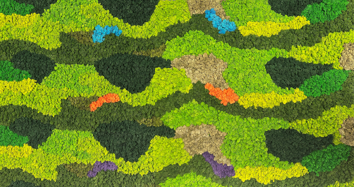 Self-adhesive preserved moss panel with mixed green pattern and small pink, blue, orange accents