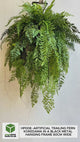 Artificial trailing fern kokedama in a black metal hanging frame 60cm wide 106cm height