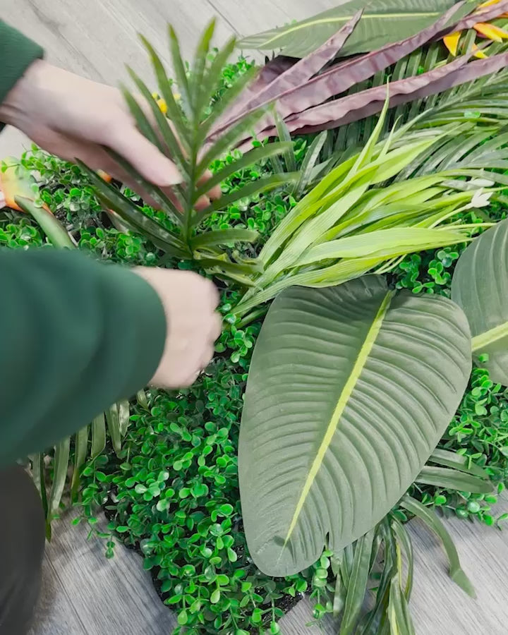 Green jungle tropical artificial 3D plant wall with lush green tropical foliage and birds of paradise 100x100cm for ceiling or walls