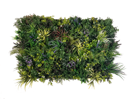 Artificial 3D plant wall with lush green, purple, red and white foliage 100x50cm