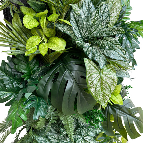 Green jungle tropical artificial 3D plant wall with lush green tropical foliage  100x100cm for ceiling or walls