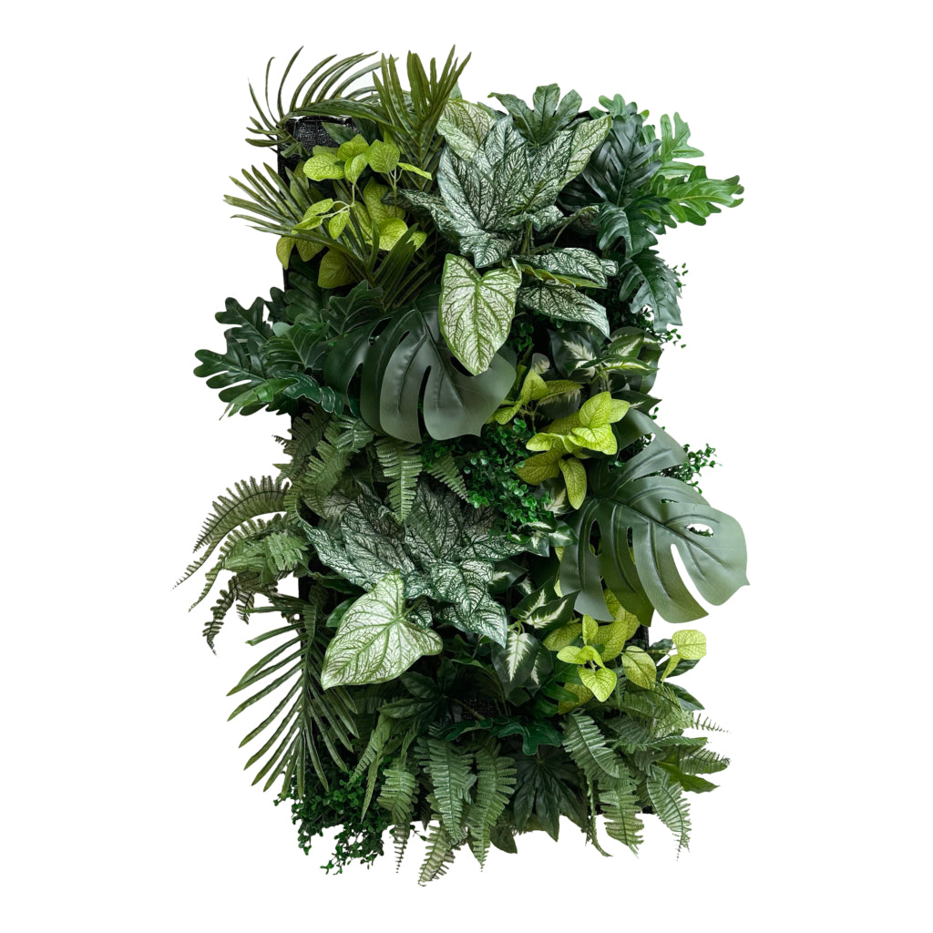 Artificial 3D plant wall with tropical light and dark green foliage 100x50cm