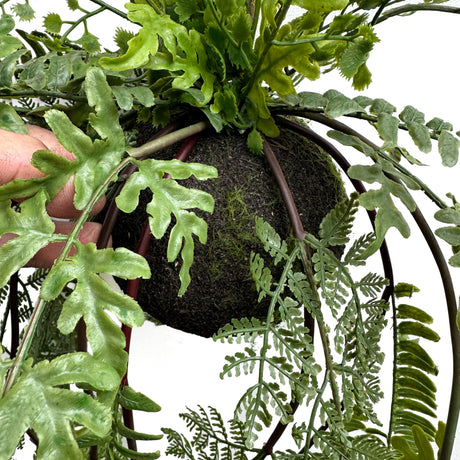 Artificial trailing pheasant tail fern kokedama with silver ribbon