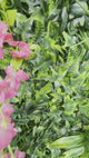 Artificial green wall panel with variegated foliage and pink trailing sweet peas 100x100 cm