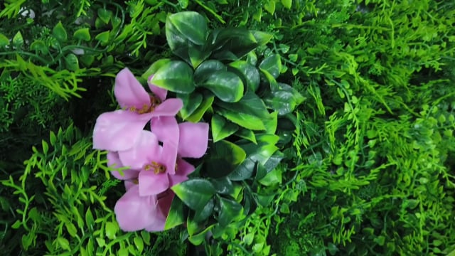 Artificial green wall panel with  ferns palms and pink flowers 100x100 cm