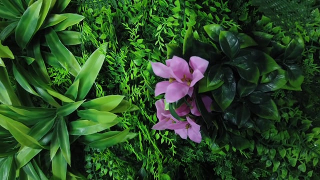 Artificial green wall panel with  ferns palms and pink flowers 100x100 cm