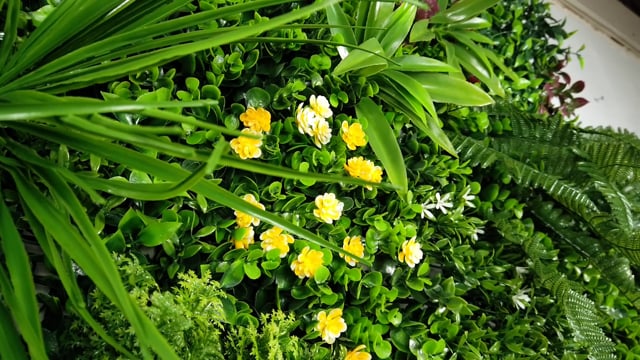 Artificial green wall panel with variegated mixed greens, red , white and yellow flowers  100x100 cm
