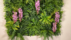 Artificial green wall panel with variegated foliage and purple trailing wisteria 100x100 cm