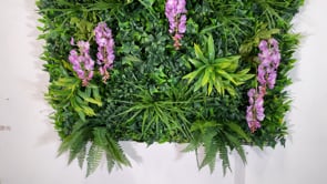 Artificial green wall panel with variegated foliage and purple trailing wisteria 100x100 cm