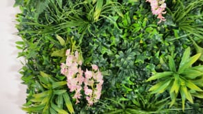 Artificial green wall panel with variegated foliage and pink trailing wisteria 100x100 cm