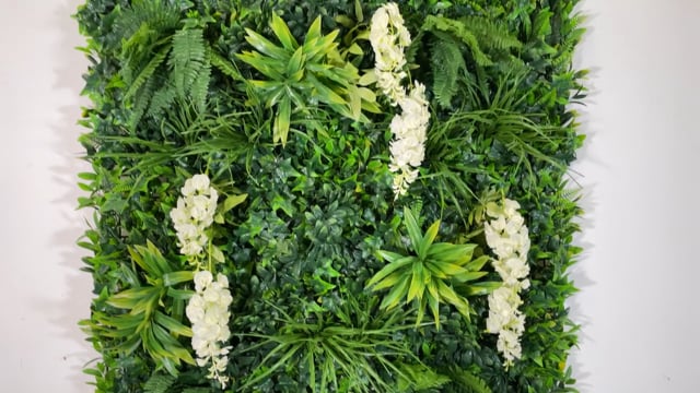 Artificial green wall panel with variegated foliage and cream trailing wisteria 100x100 cm