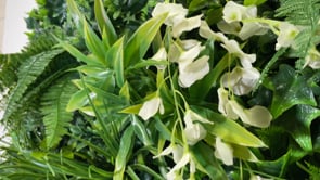 Artificial green wall panel with variegated foliage and white trailing sweet peas 100x100 cm
