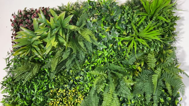 Artificial green wall panel with mixed green & yellow foliage & purple-red leaves 100x100 cm