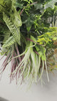 Artificial green wall panel with variegated green, red,  white & yellow foliage with ferns, palm heads, grasses & white flowers  100x100 cm