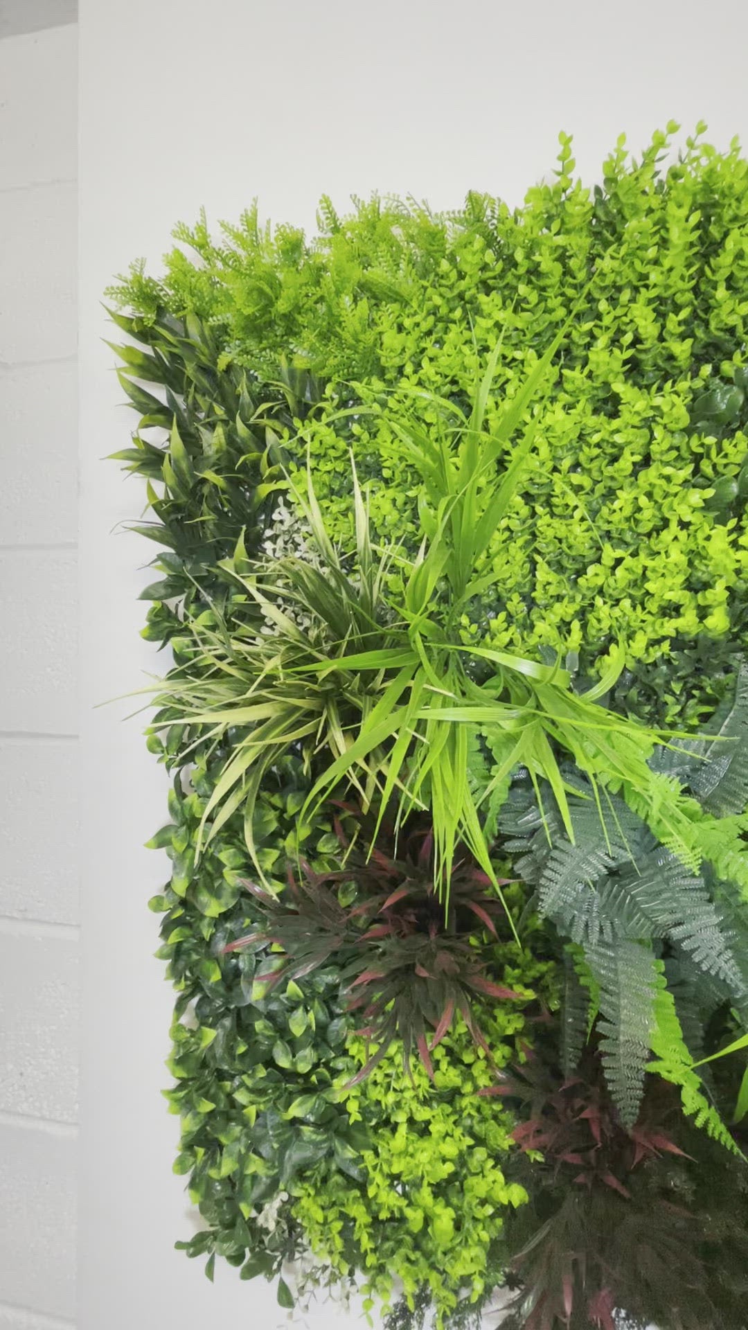 Artificial green wall panel with variegated green red foliage, yellow grasses ferns and eucalyptus  100x100 cm