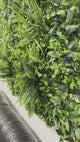 Artificial green wall panel with variegated greens of ivy, ferns, palm heads, grasses & blue-purple flowers  100x100 cm
