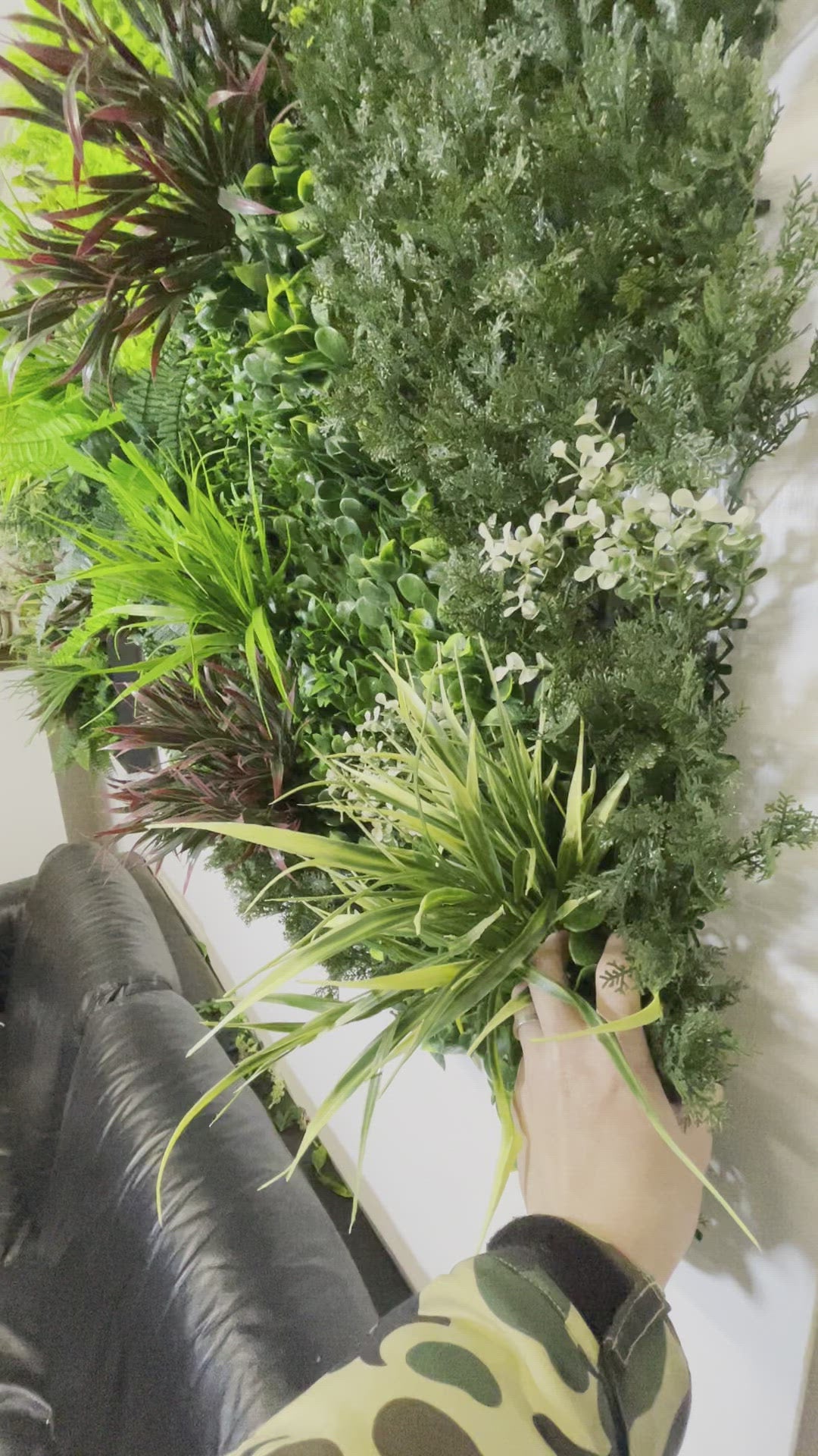 Artificial green wall panel with variegated green red foliage, yellow grasses ferns and eucalyptus  100x100 cm